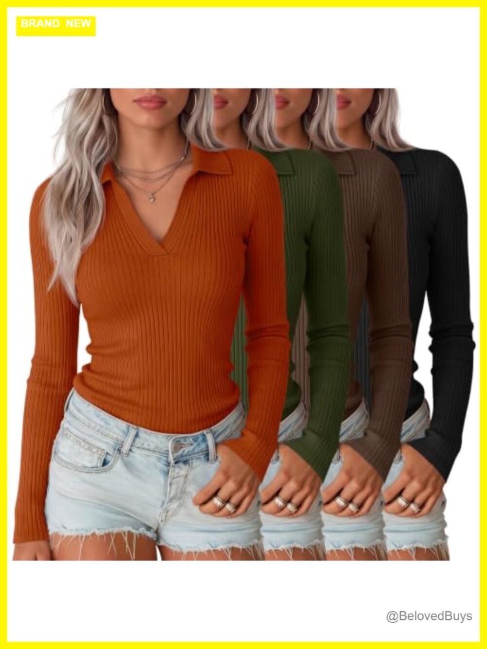 Womens Long Sleeve Polo Shirts 4 Pack Cotton Spandex Ribbed Knit V Neck